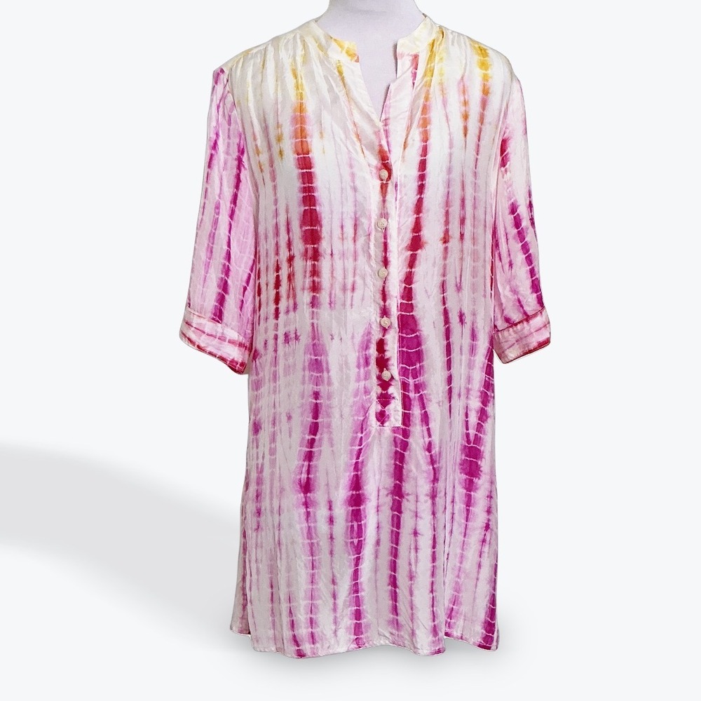 Tucker Womens Silk Tie Dye Tunic Top Pink Yellow Shibori Button Blouse Small